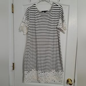 Tommy Hilfiger Womens Striped Black & White Lace-Trim Shirt Dress Sz Large